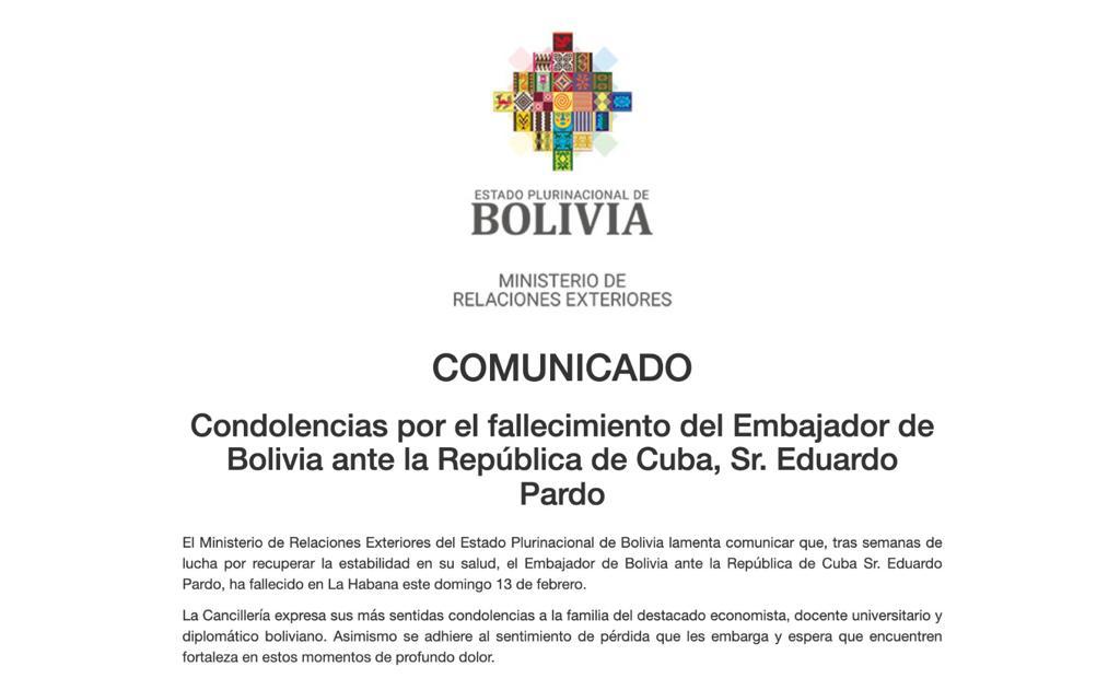 Fallece Eduardo Pardo, embajador de Bolivia en Cuba