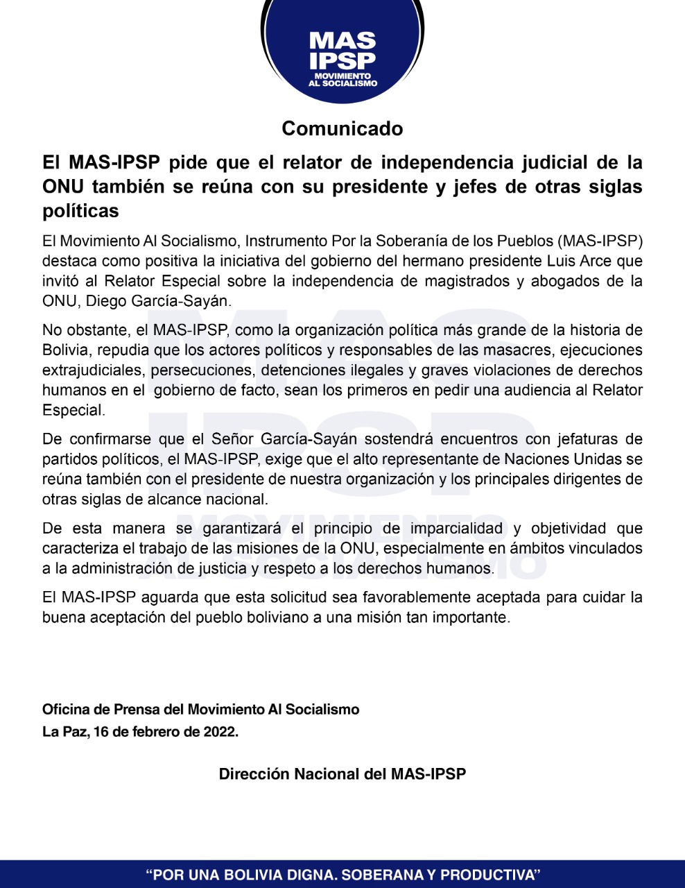 MAS-IPSP pide que el relator Diego García-Sayán se reúna con Evo Morales y jefes de otras siglas políticas