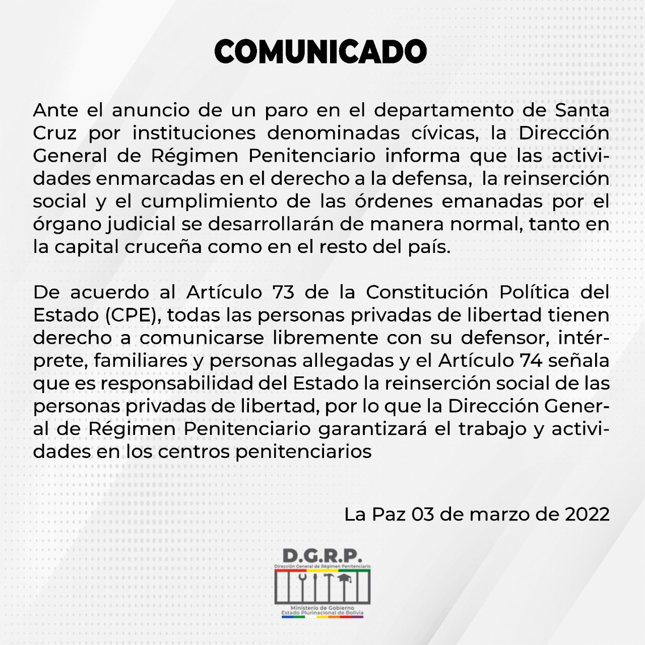 Santa Cruz: Régimen Penitenciario anuncia que no acatará paro cívico