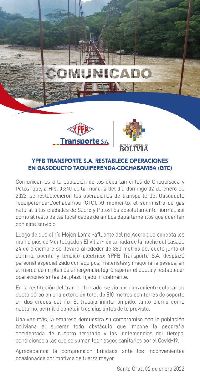 YPFB Transporte S.A. restablece operaciones en gasoducto Taquiperenda – Cochabamba