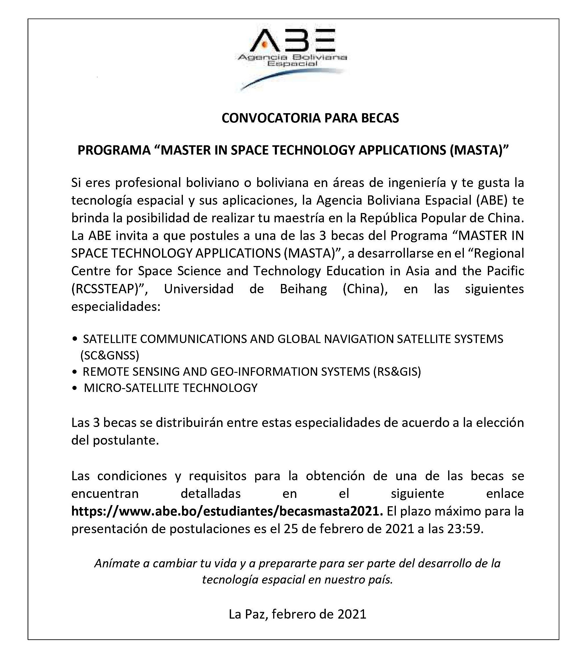 Agencia Boliviana Espacial lanza convocatoria para becas de estudio en China