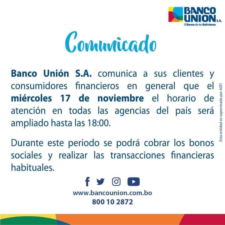 Banco Unión amplía su horario de atención hasta las 18.00 este miércoles