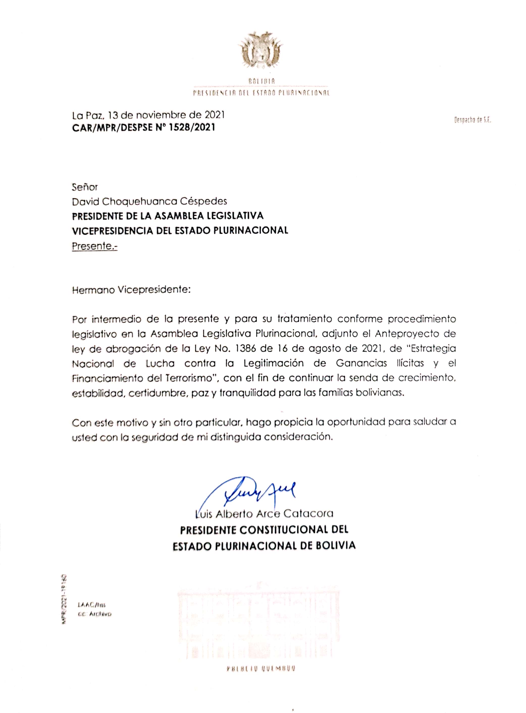 Arce envía al Legislativo anteproyecto de abrogación de la Ley 1386 para dar tranquilidad a las familias bolivianas
