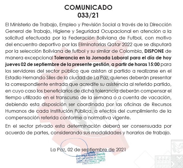 Tolerancia laboral para asistir a partido de fútbol entre Bolivia y Colombia