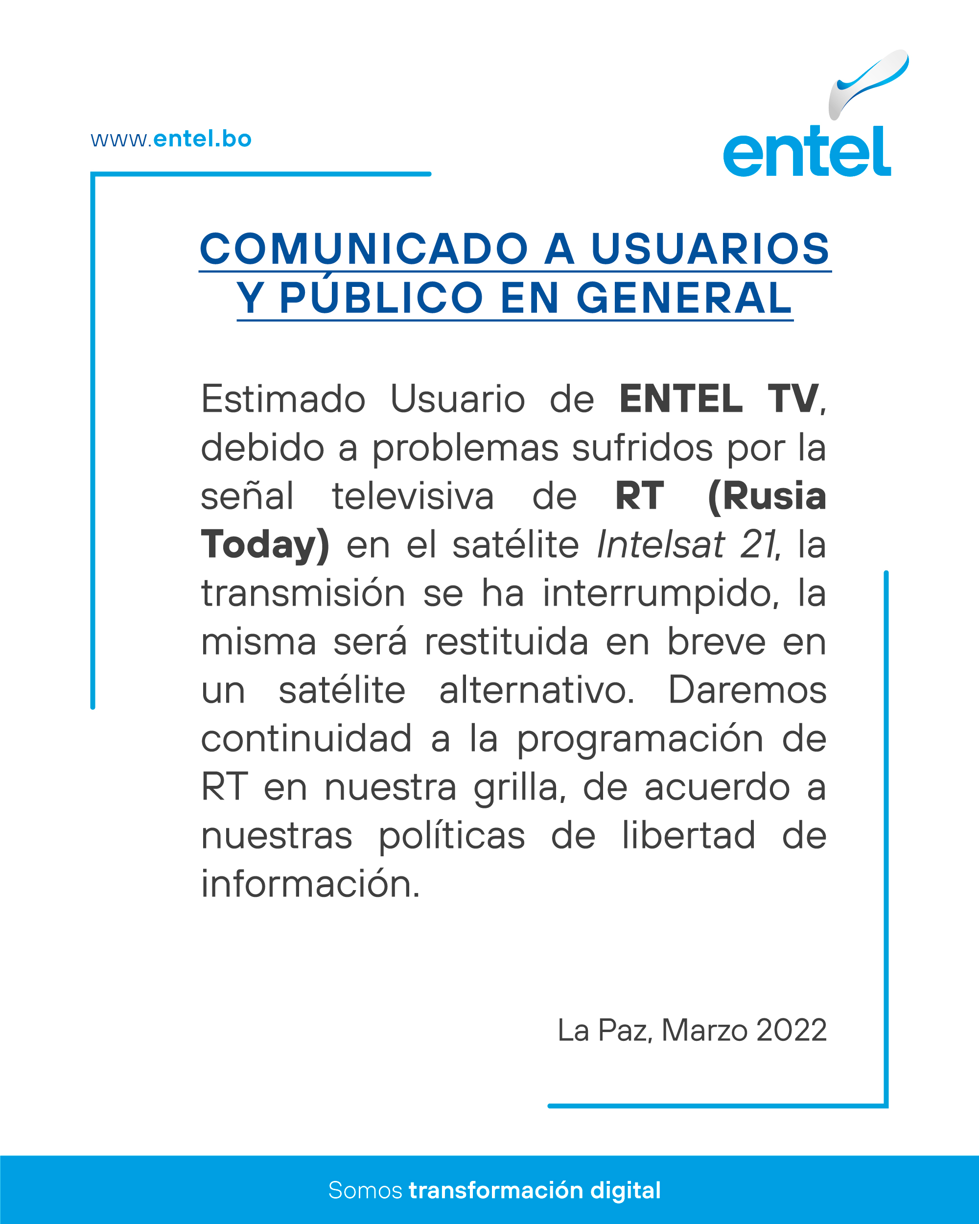 Señal televisiva de RT se interrumpe por problema ajeno a Entel