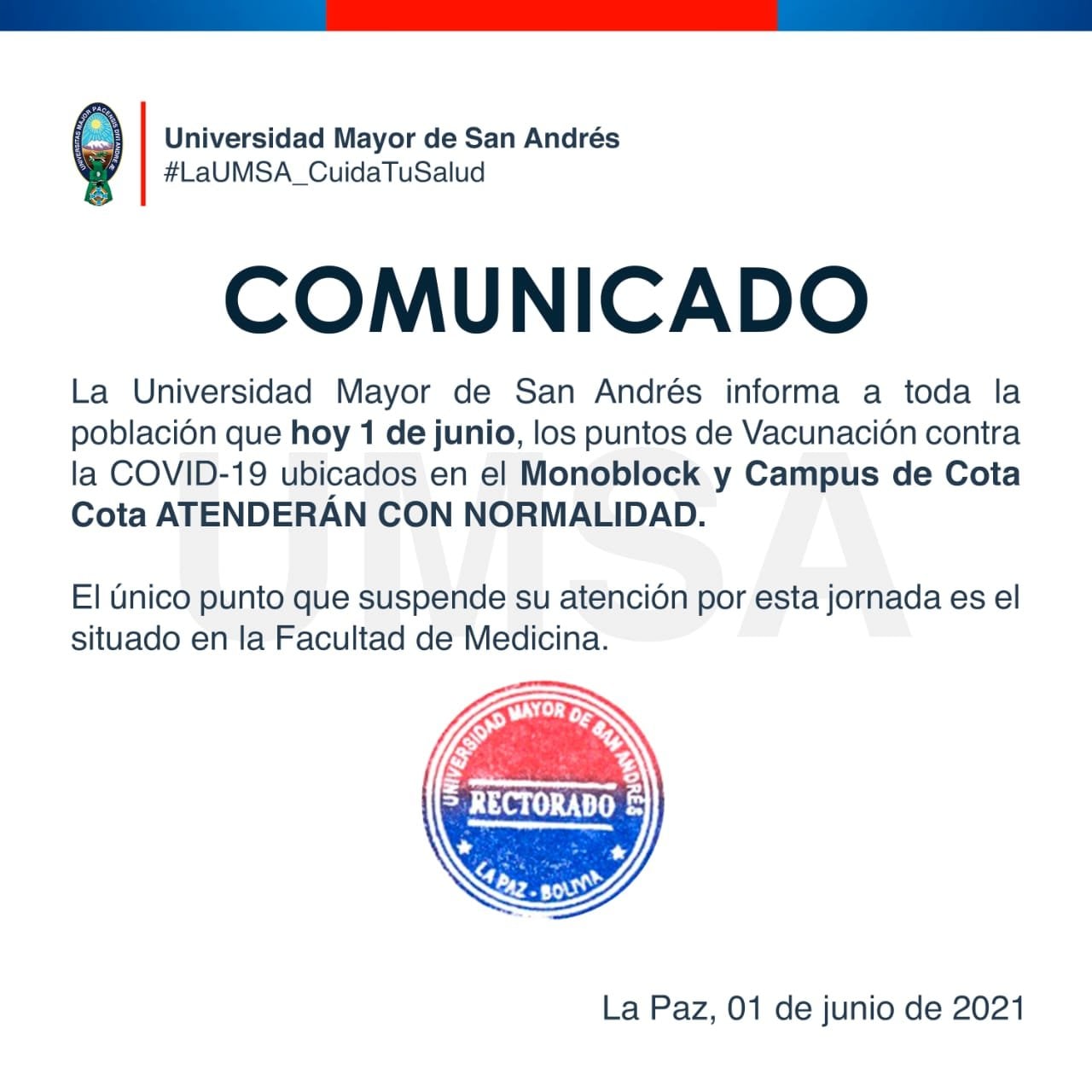 COVID-19: Punto de vacunación de la Facultad de Medicina de la UMSA suspende atención por esta jornada