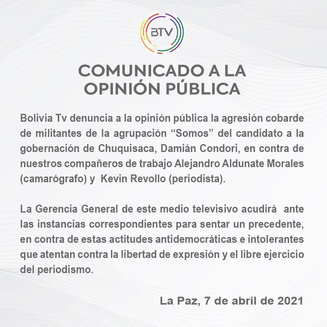 Militantes del candidato a la Gobernación de Chuquisaca, Damián Condori, agredieron a periodistas de Bolivia Tv