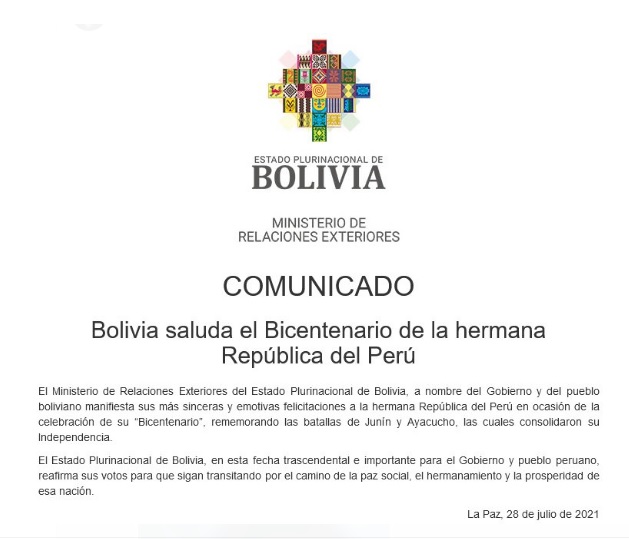 Cancillería boliviana expresa sus felicitaciones por el Bicentenario de la Independencia de Perú