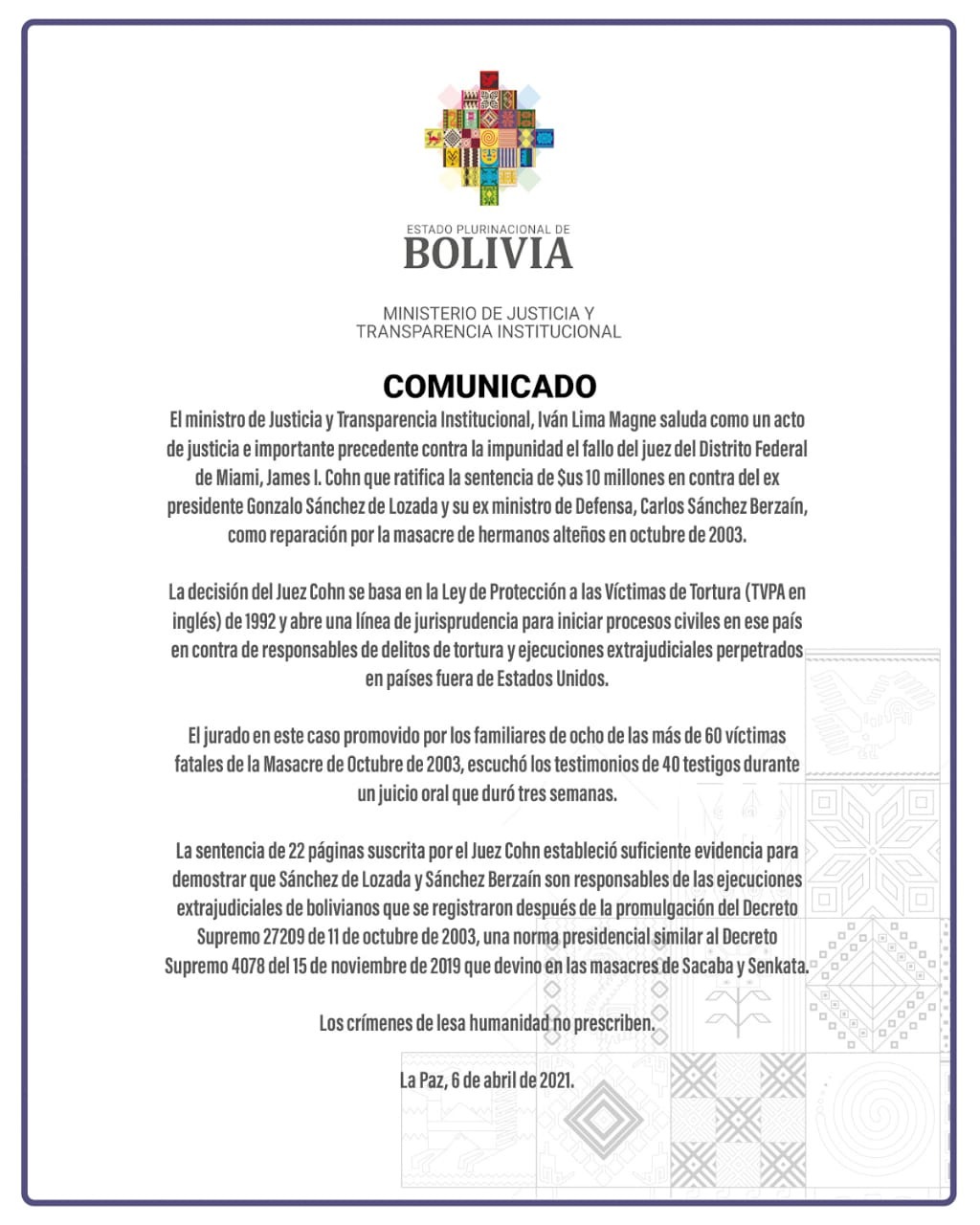 Lima califica la decisión del juez James Cohn sobre Goni como un “importante precedente contra la impunidad”