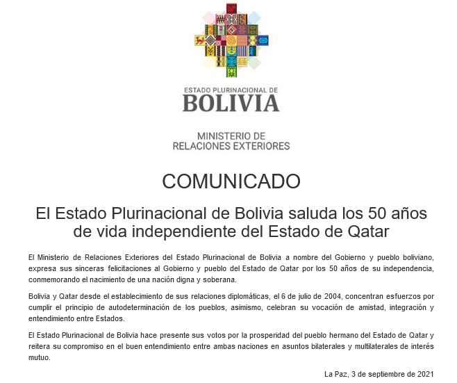 Bolivia felicita al Estado de Qatar por sus 50 años de vida independiente