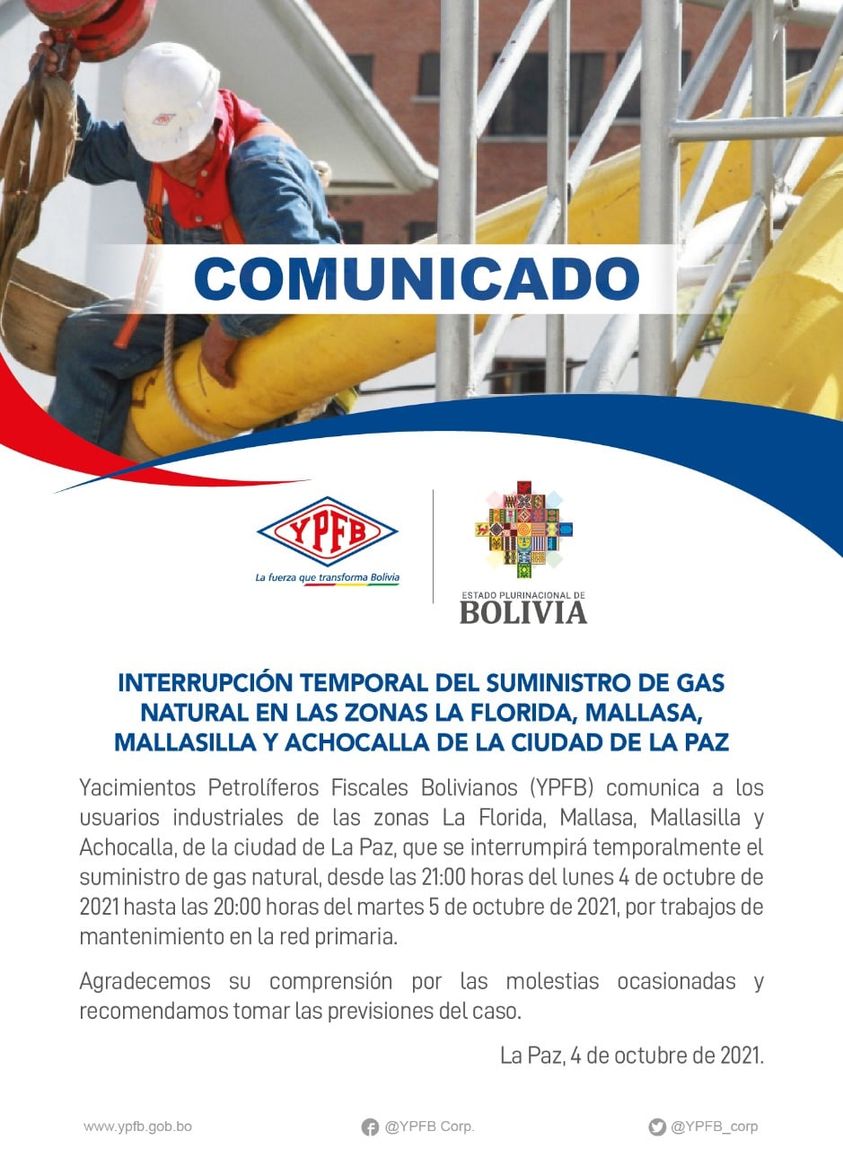 YPFB comunica interrupción temporal del suministro de gas natural en zonas La Florida, Mallasa, Mallasilla y Achocalla de La Paz