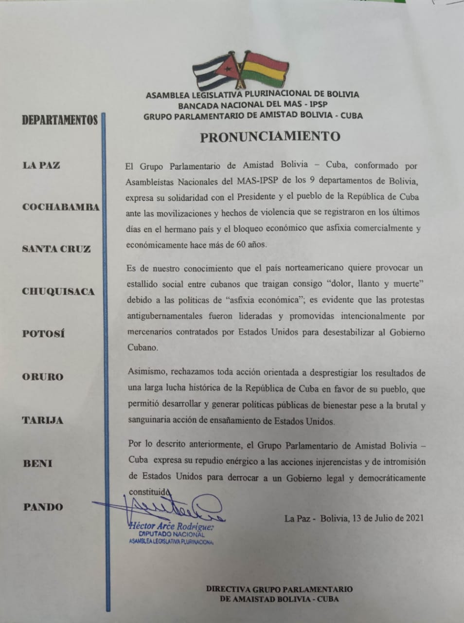 Grupo Parlamentario de Amistad Bolivia - Cuba expresa su solidaridad al presidente Miguel Díaz-Canel y su rechazo al bloqueo