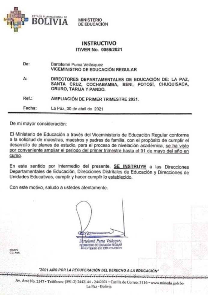 Ministerio de Educación amplía hasta el 31 de mayo el primer trimestre en el sistema educativo de Bolivia