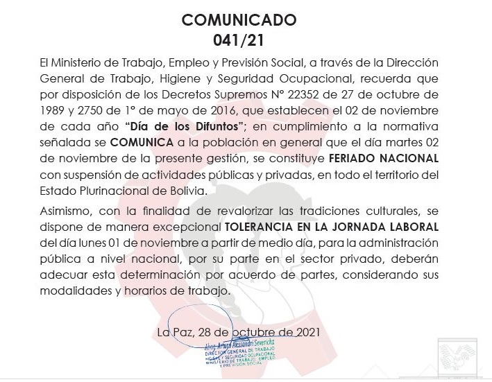 Ministerio de Trabajo recuerda que el martes 2 de noviembre es feriado y el lunes habrá tolerancia a partir de mediodía