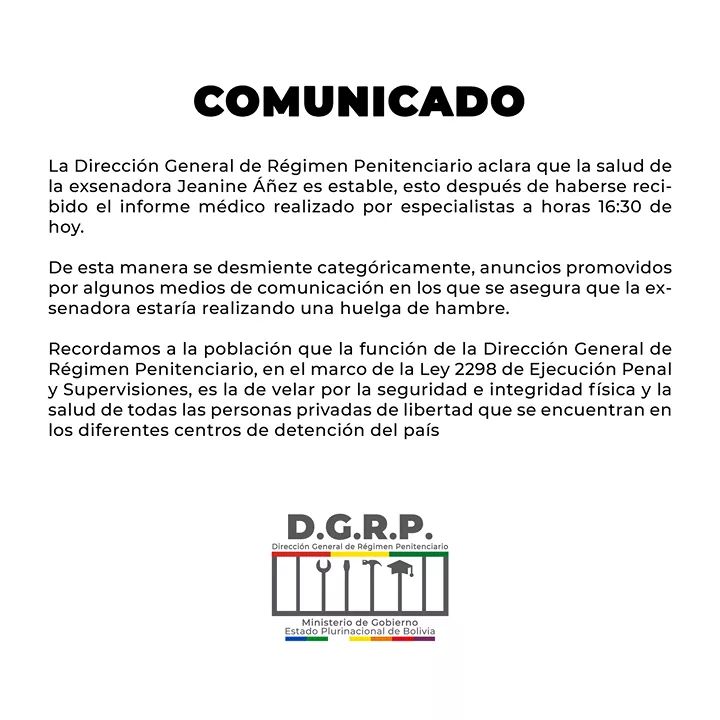 Régimen Penitenciario aclara que la salud de Áñez es estable y no está realizando huelga de hambre