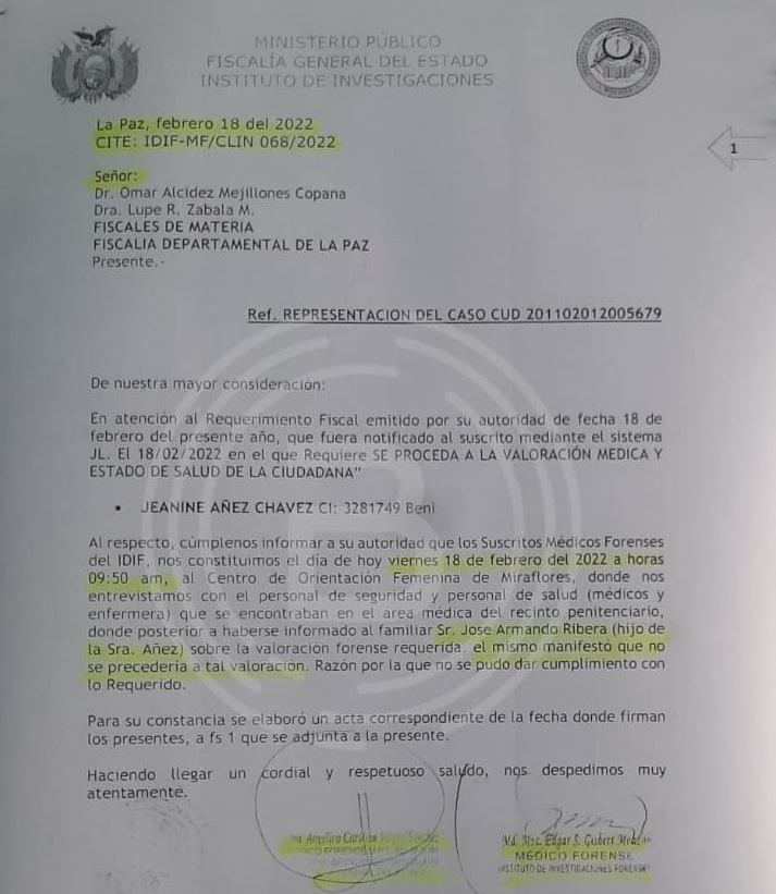 Jeanine Áñez se niega a realizarse una valoración médica por peritos del IDIF