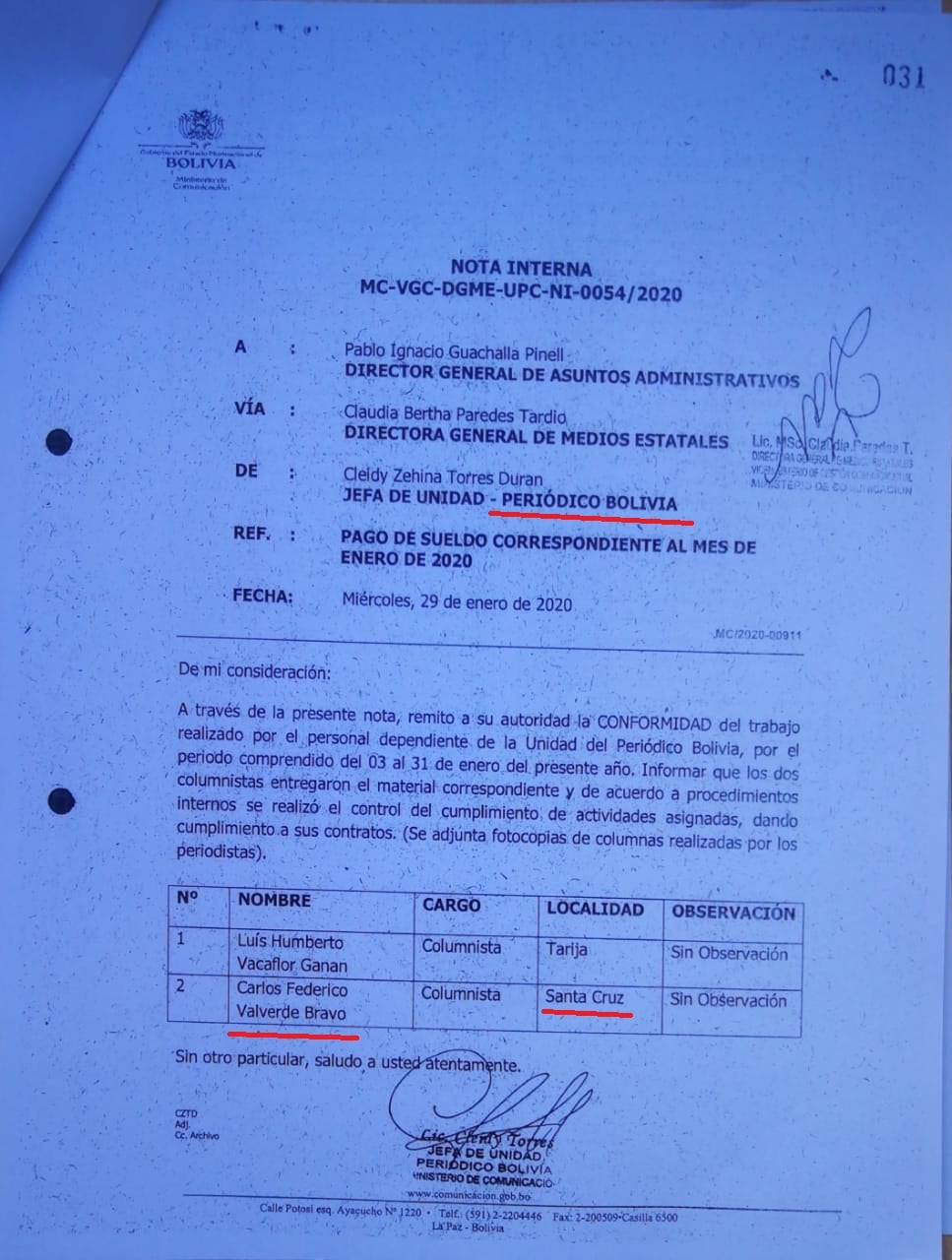 Denuncia de Crónica Digital: Carlos Valverde recibió Bs 75.275 del régimen de Jeanine Áñez