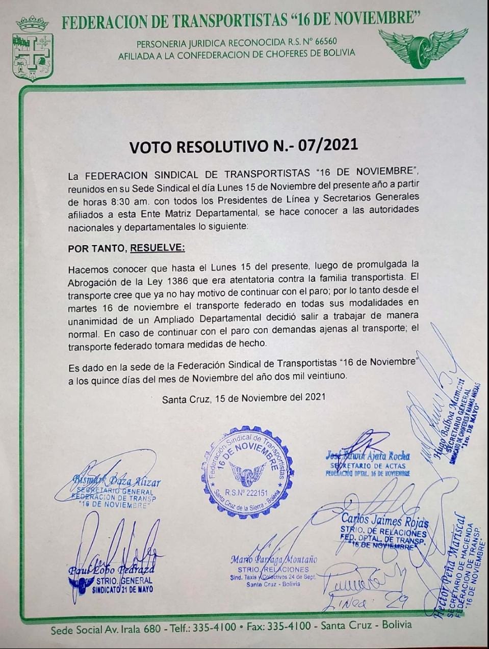 Transporte federado de Santa Cruz decide volver al trabajo y no acatar más paros